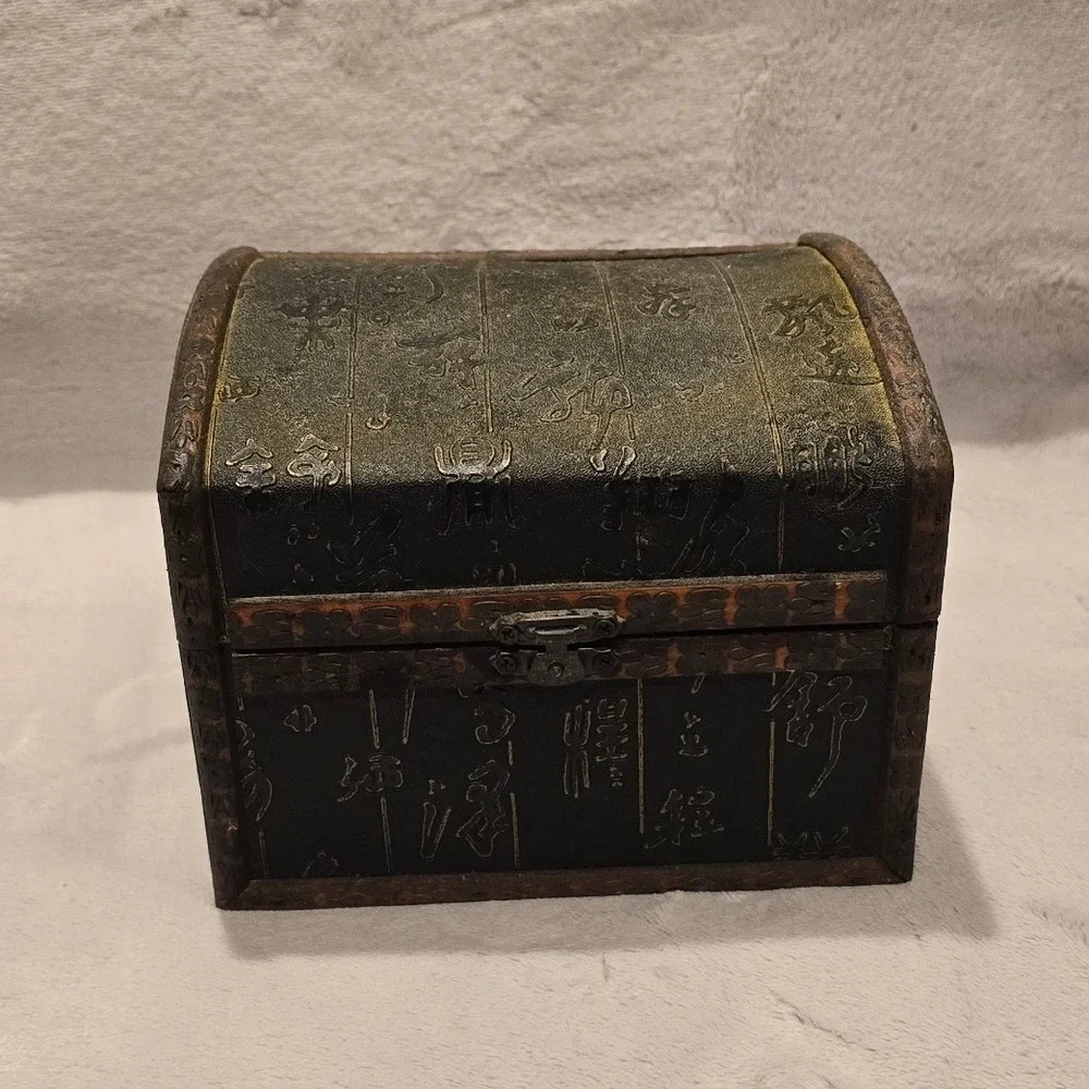 Vintage Wooden Treasure Chest Trinket Box Asian Script‎ Embossed 6